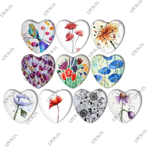 Zdying Watercolor Flower Pattern Mixed 25mm/30mm Heart Shape Photo Glass Cabochons Cover Pendant Cameo Settings Jewelry Findings