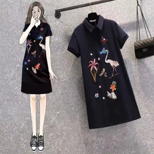 Large size womens shirt skirt slim womens long Chinese style embroidered loose t-shirt dress