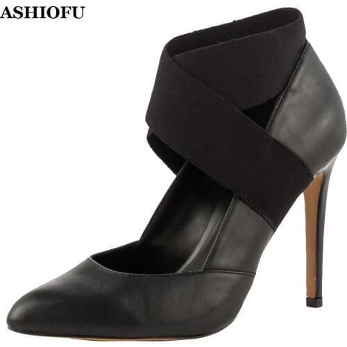 ASHIOFU Handmade Womens High Heel Pumps Cross-Bands Party Prom Dress Shoes Pointy Large Size Evening Fashion Court Pumps Shoes