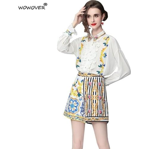 Europe Fashion Spring Summer Runway Two Piece Set Women Designers Ruffles Print Shirt and Shorts Suit Casual Holiday Outfits