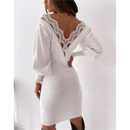 2020 Sexy Backless Lace Patchwork Women Dresses Autumn V Neck Lantern Long Sleeve Bodycon Dress Winter Slim Wrap Hip Dress Femme