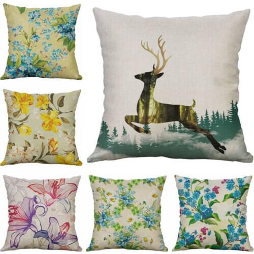 Animal Deer Peacock Plant Flower Pillows case Printing 18" Cotton Linen Cushion Cover Home Decor