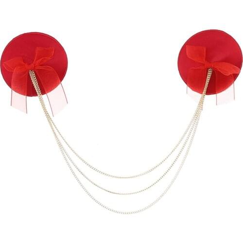 1pair Chain Linked Bow Decor Nipple Stickers Sexy Women Bra Nipple Cover Reusable Wear Silicone Nipple Pasties Chest Stickers