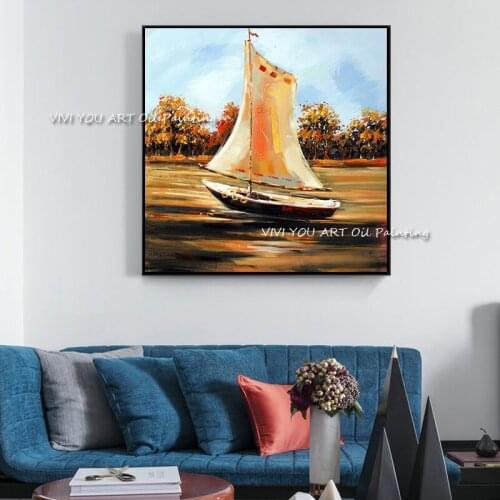 100% Handmade Sea Scenery Canvas Sailing Boat Ship Oil Painting Seascape Paintings Wall Art Artwork For Bedroom