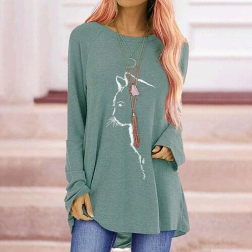 2020 Autumn Womens T-shirts Plus Size New Style Cat Print Loose O-Neck Long Sleeve T-shirt Casual Pullover Top Camisetas Mujer