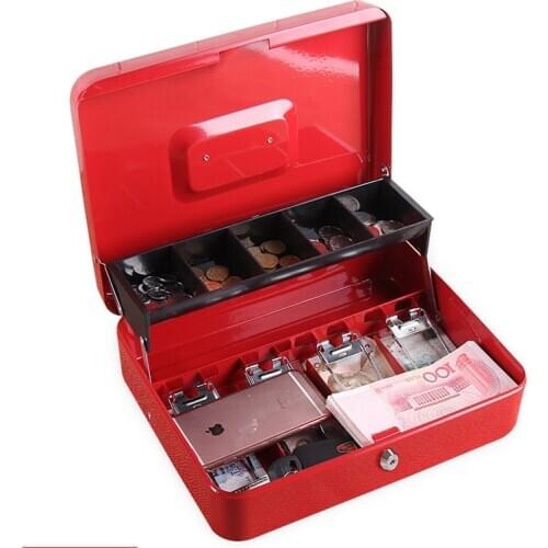 Large Metal Cash Box for Safe Storage Cash Cash Box with Key or Combination Lock with 5 Coin Compartments ,4 Bills Spring Clips