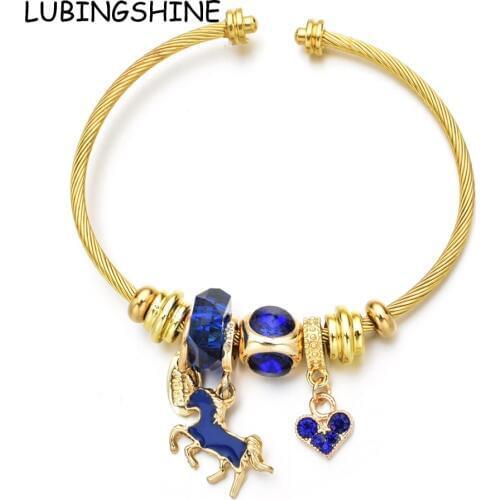 Women Stainless Steel Unicorn Evil Eye Charms Bracelets Wire Cable Rhinestones Open Adjustable Cuff Bangle DIY Jewelry Gift