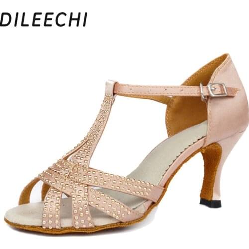 DILEECHI Satin diamond Latin dance shoes womens adult dance shoes high-heeled sandals soft outsole