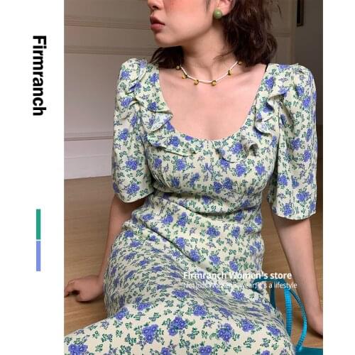 Firmranch New French Style Long Dress 2021 For Women/ Girls Bubble Sleeve Dress Retro Square Collar Floral Skirt Slim Waist
