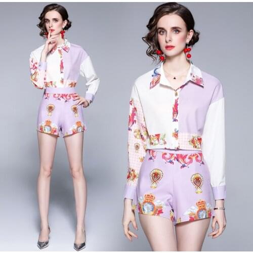 Dropshipping Summer 2 Piece 2pcs Women Ladies Set Vintage Print Collar Short Sleeve Top Shirt Blouse Short Tracksuit Outfit