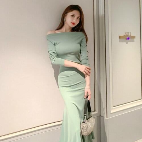 Good Elastic Knitted Autumn Dress 2020 Long Sleeve Sexy Green Dress Ladies Sheath Brief Club Dress for Ladies Sukienki Letnie