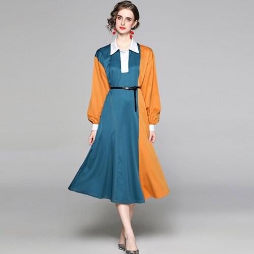 JSXDHK New Spring Dresses Elegant Women Blue And Orange Hit Colr Ladies Lantern Sleeve Loose Waist Midi Dress Vestidos With Belt