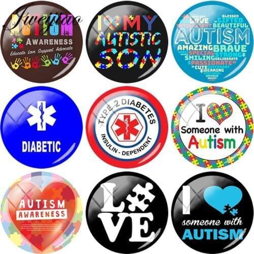 JWEIJIAO 5pcs/lot DIABETES Emergency Medical Alert Glass Autism Picture Cabochon Beads Jewelry Findings For Necklace Keychain