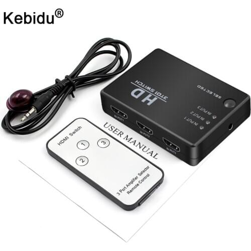 Kebidu Hot Sale Mini 3 Port 1080P Video Switch Switcher Splitter with IR Remote Control Splitter box for PS3 DVD HDTV
