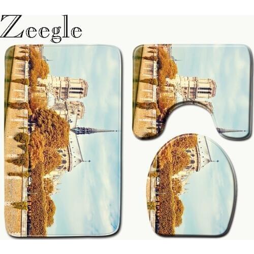 Zeegle Notre Dame de Paris Printed Bathroom Mat Set Anti Slip Toliet Seat Cover Bath Rug Mat HomeToilet Carpet Shower Mats