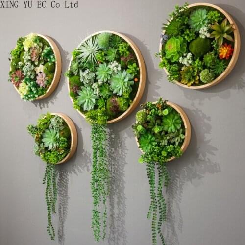 Round Simulation Fleshy Green Plant Frame Wall Hanging Green Plant Wall Decoration Simulation Plant Living Room Home Decoration