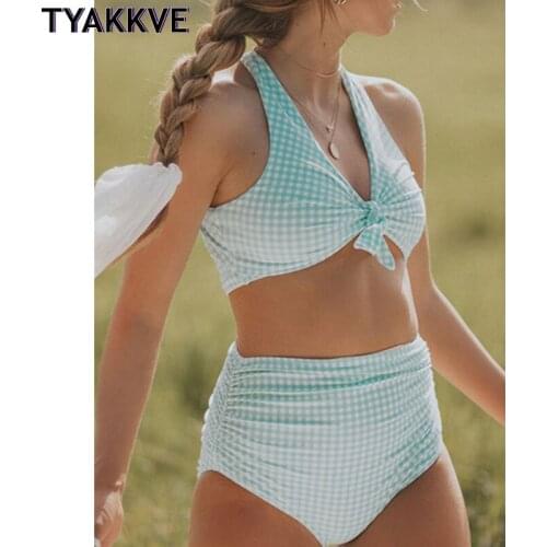TYAKKVE Plaid Printed Bikini Set High Waist Swimsuit Women Grid Split Two Pieces Bathing Suit Beach Bather Vintage Swimwear New