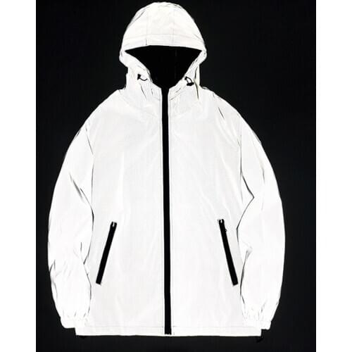 Women And Men Reflective Jacket Hoodies Fashion Hip Hop Windbreaker Hooded Streetwear Coats Casual Double Layer Trench Jacket