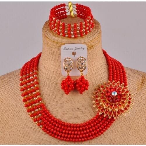 Opaque red and champagne gold ab costume crystal jewelry set nigerian wedding african jewelry set CS01