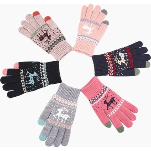 New jacquard winter warm fawn gloves ladies touch screen gloves velvet wool gloves female Christmas gloves gloves