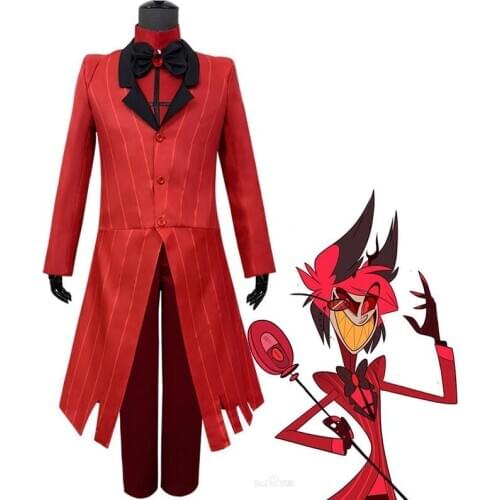 New Anime Hazbin Cosplay Hotel ALASTOR Red Suit Uniform Coat+Top+Pants+Tie Full Set Outfit Halloween Costume for Adult Disfraz