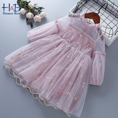 Humor Bear Girls Dress Spring Autumn Puff- Sleeve Embroidery Mesh Yarn Princess Dresses Sweet Toddler Kids Clothes