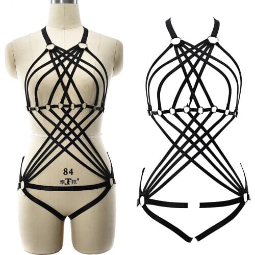 Hollow Out Body Harness Belt Black Sexy Lingerie Set Pole Dance Rave Bandage Body Cage Goth Punk Bodysuit