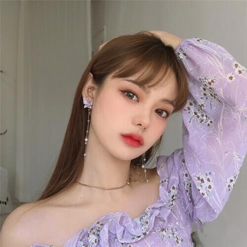 FFLACELL 2020 New Korean Version Needle Crystal Purple / Dazzling White Butterfly Earrings Flash Zircon Long Earrings