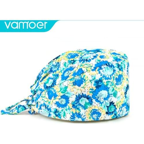 Blue Flower printing Nurse hat With sweat towel scrub hats nurse uniform scrub cap women lab nursing hat