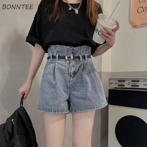 Shorts Women Folds Sashes Cool Girl Fashion Ulzzang Casual Ladies Harajuku Chic Loose Stylish All-match Denim Vintage Streetwear