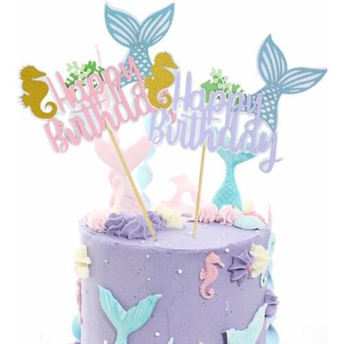 1pc Mermaid Party Decorations Happy Birthday Cake Topper Paper Cupcake Topper Baby Girl Kids Favors Mermaid Party Theme Supplies