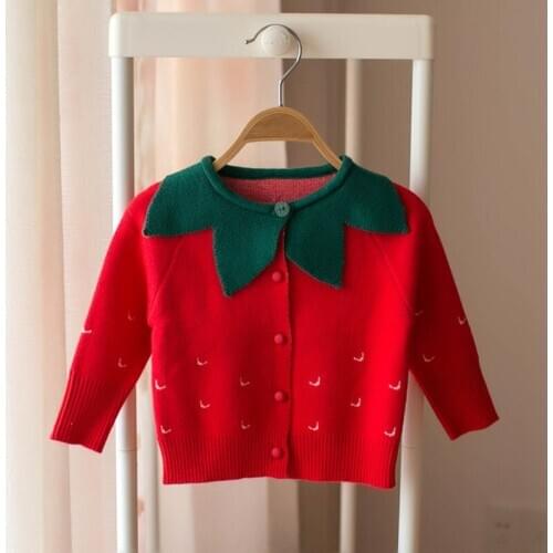 Korean Style Strawberry Spring Girls Knitted Sweaters Petal Collar Kids Clothes Cute Baby Children Cardigan Sweater Coats
