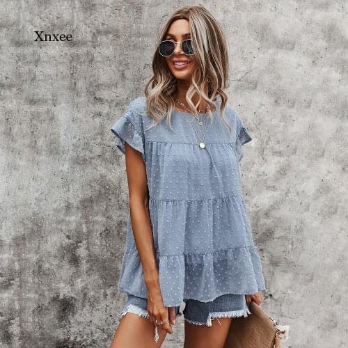 Embroidery Summer Tops for Women Loose Tees T-Shirts Soft O-Neck Polyester Shirts Butterfly Sleeve 2021 Fashion New Clothes