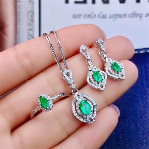 Fine Jewelry 925 Sterling Silver Natural Gemstone Emerald Ring Pendant Earring Set Vintage Supports Test