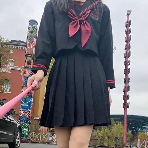 JK078 Woman School Uniforms Sexy Student Sailor Cosplay Costume Long Sleeve Black JK Suit Girls Pleated Skirt with Bow Tie