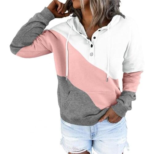 Hoodies Women olor Block Buttons Neck Women Sweatshirt Warm Drawstring Hooded Pocket Casual Hoodie Streetwear Casual pullover
