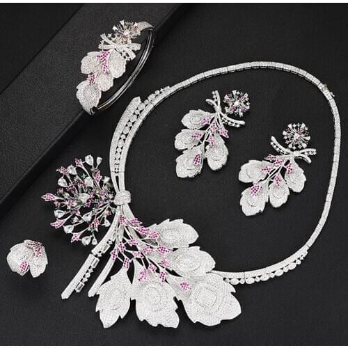 LARRAURI Luxury Jewelry Set Nigerian CZ Flower Collar Necklace Dangle Earrings Bangle Ring for Women Dubai Wedding Jewelry Sets