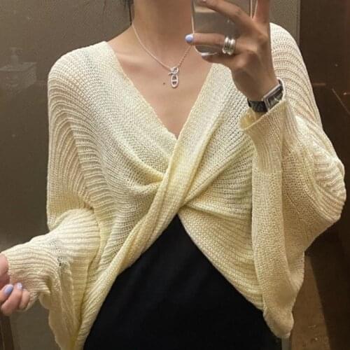 Korean Chic Autumn French Style V-Neck Twist Design Front and Back Two Wear Loose Lantern Sleeve Sweater Top Women