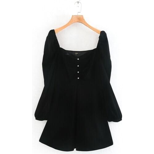 2020 Spring Womens New Square Collar Long Sleeve Fashion Temperament Waist Pearl Button Decoration Velvet Mini Dress