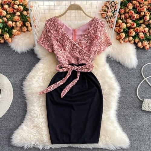 Floral Lace Patchwork Women Dress 2021 Summer V-neck Short Sleeve Sash Lace-up Pencil Dress Female Work Party Dress Vestidos