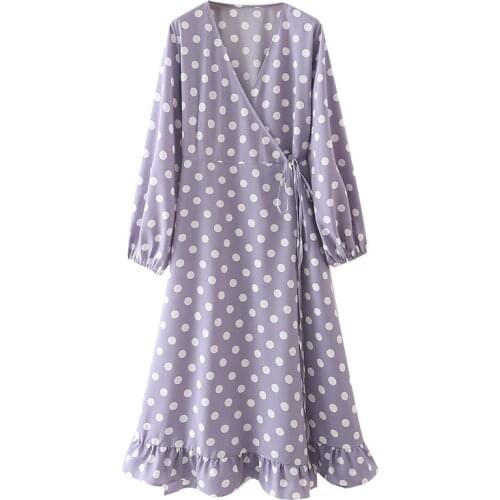 YENKYE Vintage Polka Dot Wrap Long Dress Women Cross V Neck Long Sleeve Casual Dress Summer Vestido