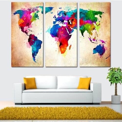 3PCS/Set Triptych Canvas Prints Abstract World Map Painting Picture Watercolor Art For Living Room Office Modern Home Decoration