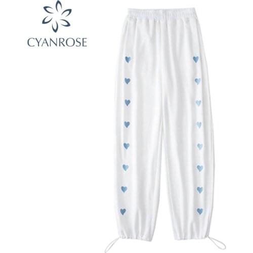 White Sweatpants Women Casual Loose Heart Printed Streetwear Wide Leg Pants 2021 Summer High Waist Harajuku Trousers Female