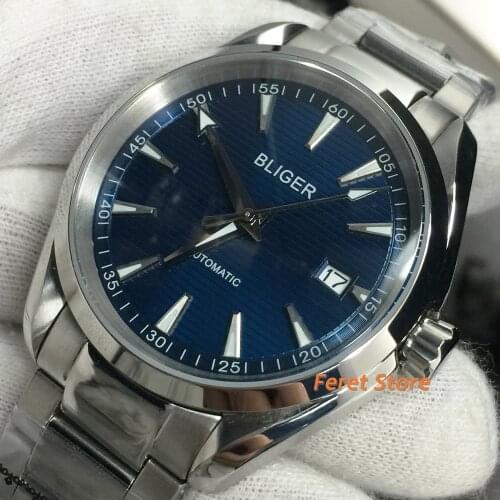 Bliger new 40mm Mens Top Casual Mechanical Watch Silver Case Sapphire Crystal Blue Dial Luminous NH35 Movement Automatic Watch