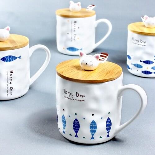 Japanese Style Home Creative Cat and Fish Coffee Mark Ceramic Cup Female Cartoon Breakfast Milk Cup with Lid Tumblers