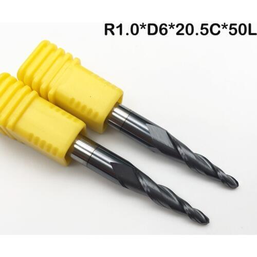 2pcs R1*D6*20*50L*2F HRC55 Tungsten solid carbide Taper Ball Nose End Mill cone milling cutter cnc router bit wood knife tool