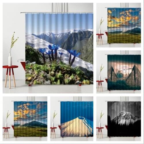Mountain Shower Curtain Snow Mountain Lake Wooden House 3D Printing Household Bathtub Bathroom Supplies Polyester Fabric