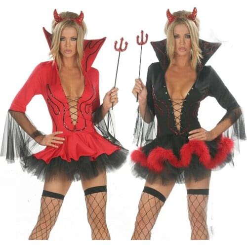 Carnival Halloween Lady Red Black Demonic Costume Classic Deep V Harness Mini Dress Roleplay Cosplay Fancy Party Dress