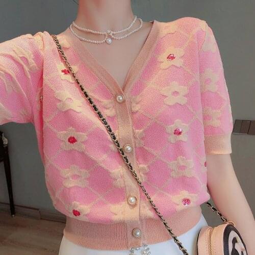 2021 Summer Thin Cardigan Crop Top Sequins Jacquard Knit Flower Cardigan V Neck Short Puff Sleeve Cropped Cardigan Sweater Shirt