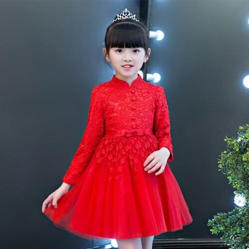 Red Lace Children Chinese Traditional Robes Winter Girls Cheongsam Princess Dress Flower Elegant Sweet Party Dresses Qipao
